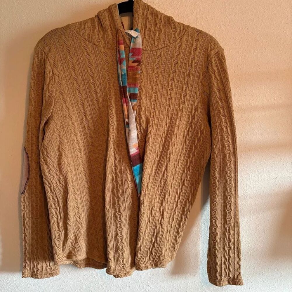 Tagless Women's L-XL Tan Cable Knit Hooded Sweater Elbow Patches Boho